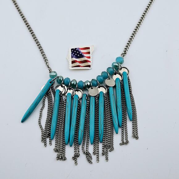 Turquoise & Silver Tone Beaded Tassel Statement Necklace Southwestern Cowgirl - Picture 4 of 4